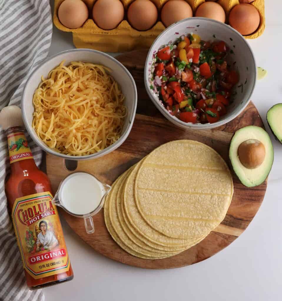 All the ingredients needed to make the breakfast egg taco recipe. 