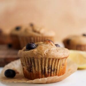 Up close shot of a protein blueberry muffin.