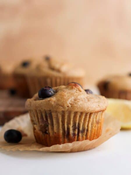 Up close shot of a protein blueberry muffin.