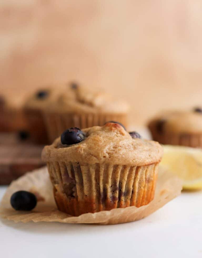 Up close shot of a protein blueberry muffin.