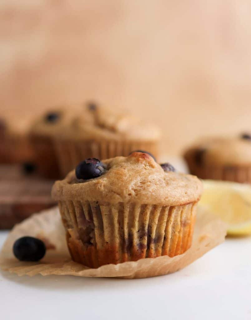 Up close shot of a protein blueberry muffin.