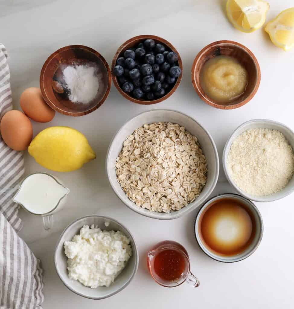 Ingredients to make lemon and blueberry protein baked oatmeal. 
