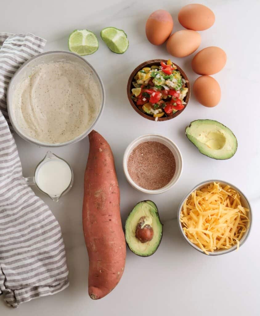 The ingredients to make the roasted sweet potato breakfast bowls with eggs.