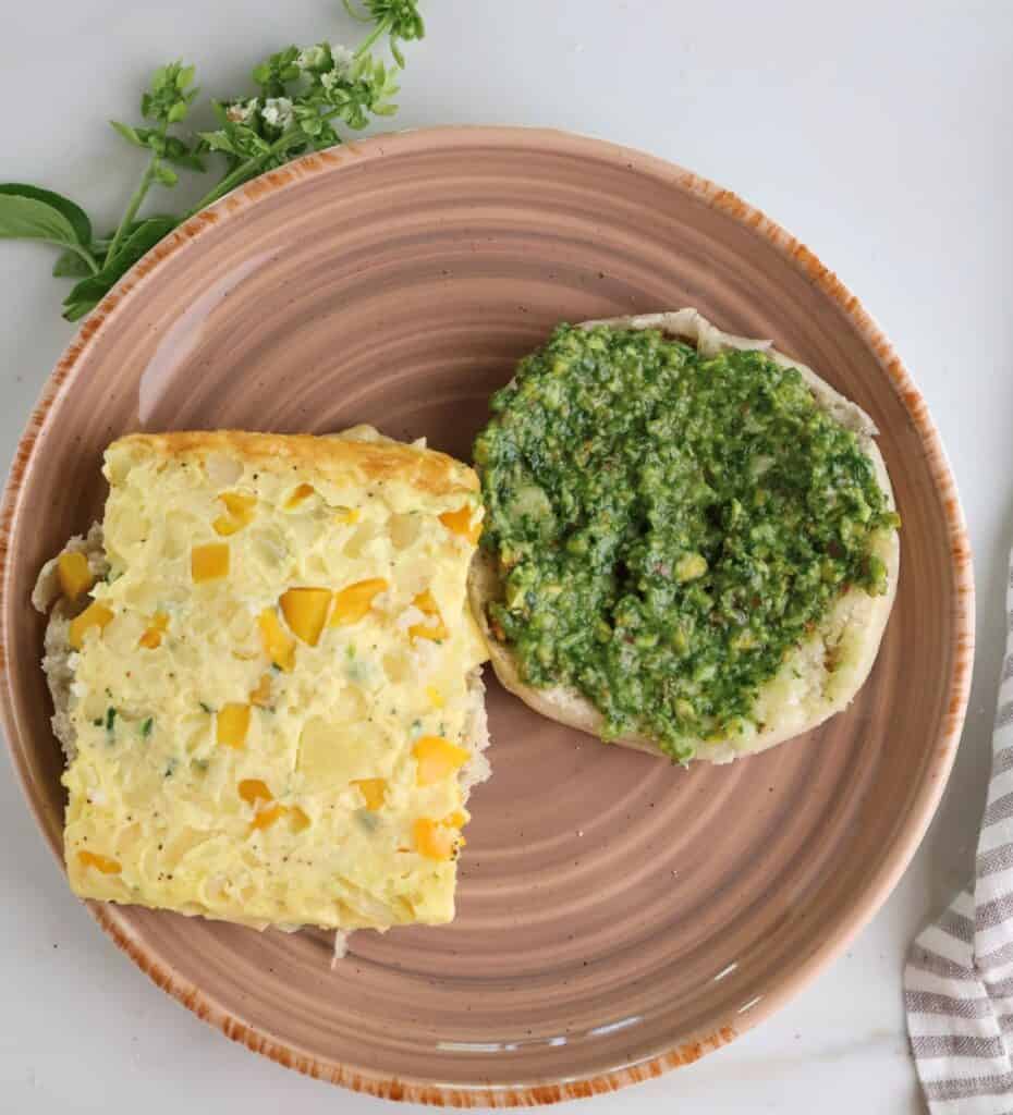 The freezer breakfast sandwich with pistachio pesto.