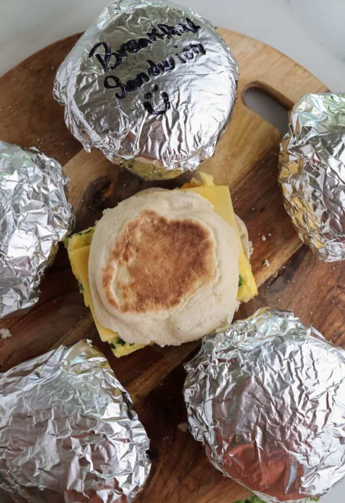 The freezer breakfast sandwiches wrapped in foil.