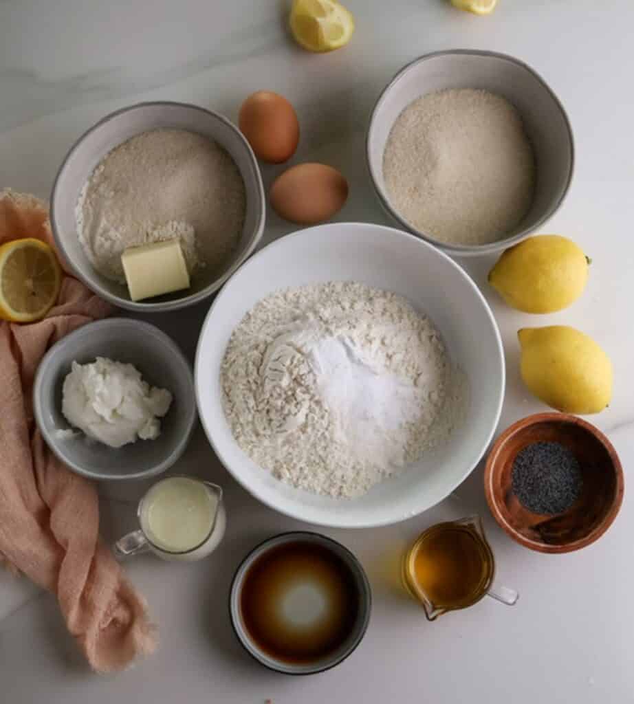 Ingredients to make the lemon poppyseed coffee cake. 