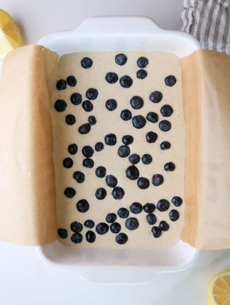 Lemon blueberry protein baked oatmeal batter in baking pan. 