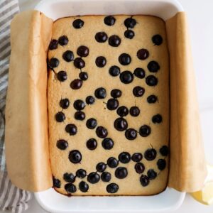 Lemon blueberry baked oatmeal in pan fresh from the oven.
