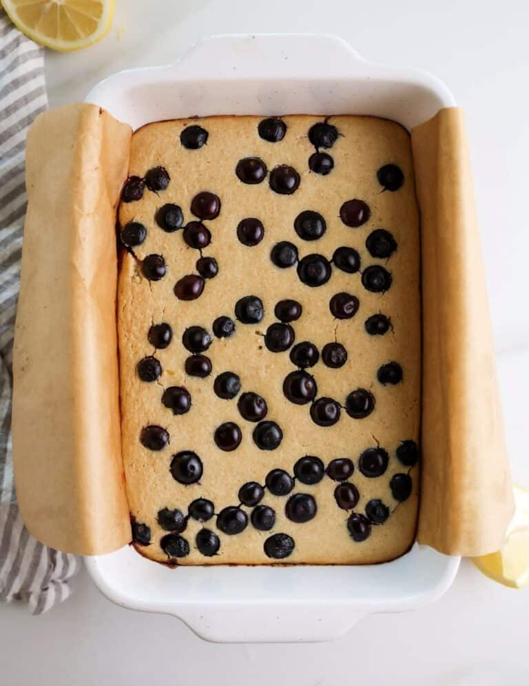 Lemon blueberry baked oatmeal in pan fresh from the oven.