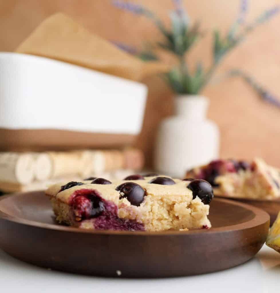 Slice of cottage cheese lemon blueberry baked oats. 