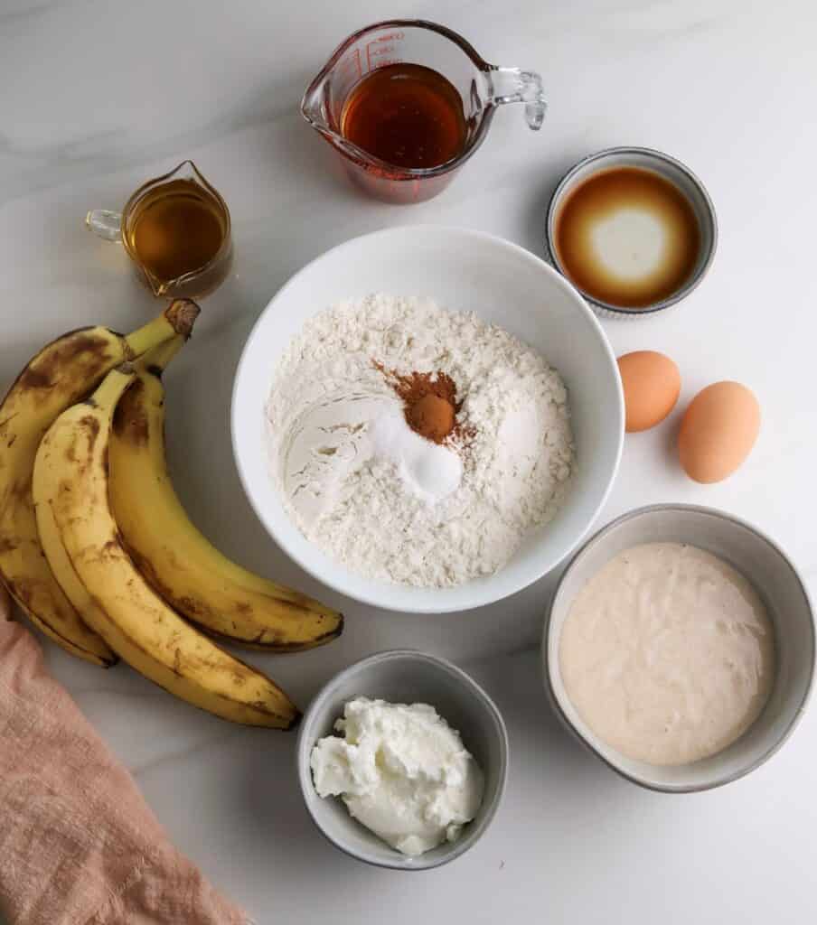 All the ingredients needed to make the sourdough discard banana bread.