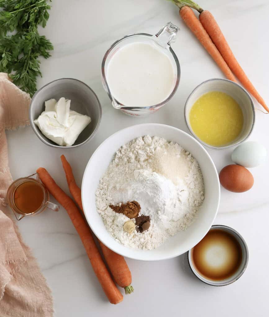 Ingredients for the carrot cake waffles with maple cream cheese.
