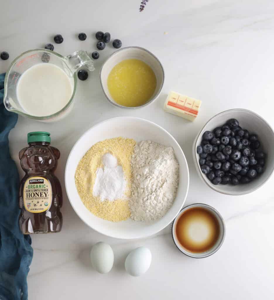 The ingredients needed to make the cornmeal blueberry pancakes.