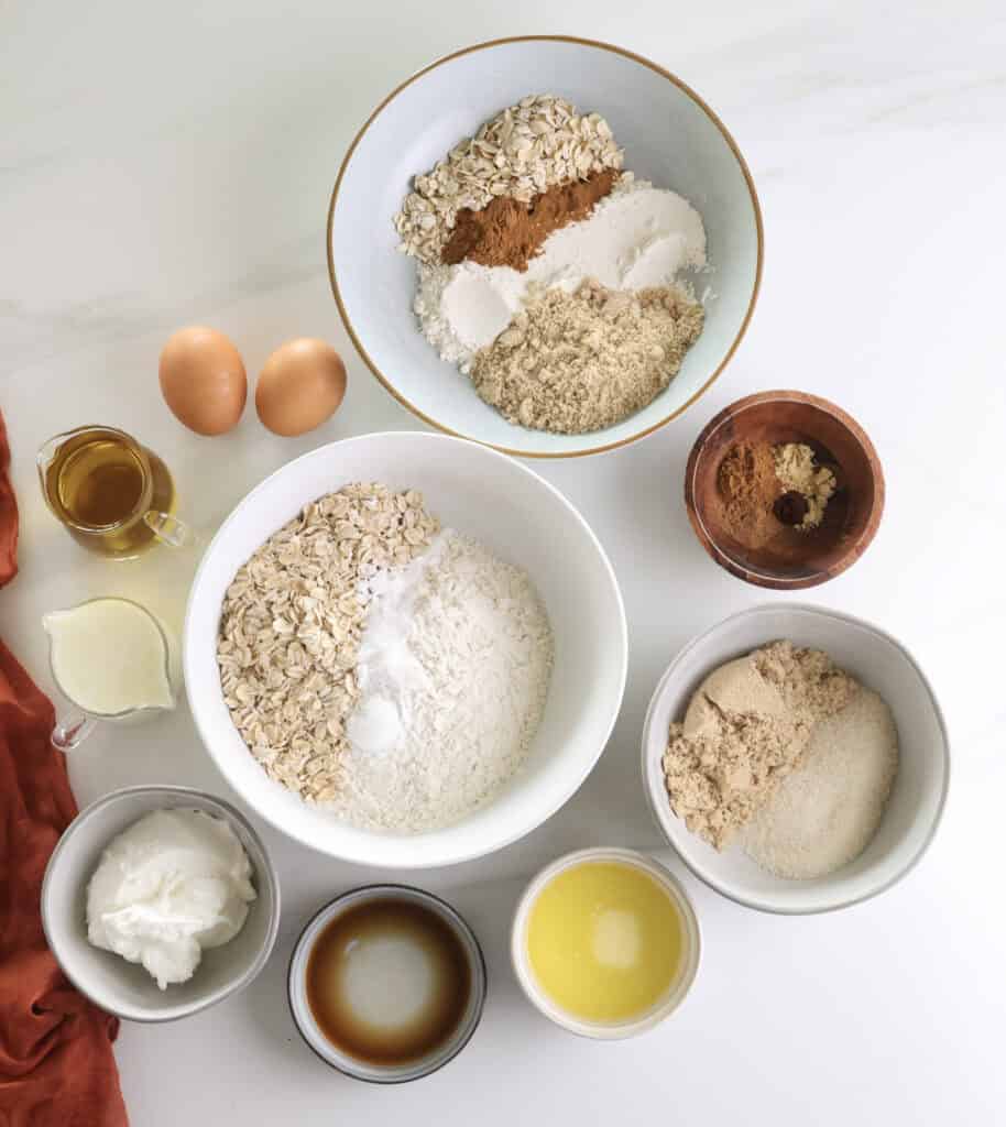 The ingredients needed to make the spiced oatmeal cake.