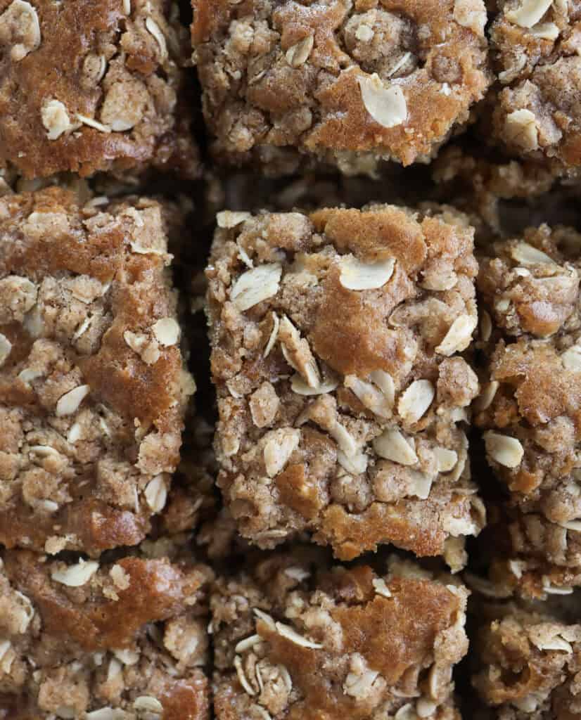 Up close overhead shot of sliced oatmeal coffee cake.