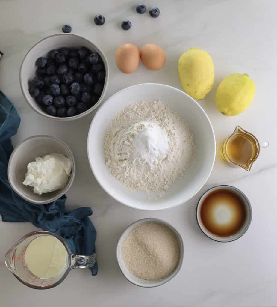 The ingredients needed to make the lemon blueberry swirl loaf cake.