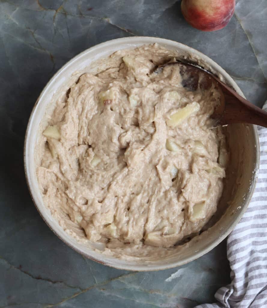 Peach Cobbler Bread batter in a mixing bowl.