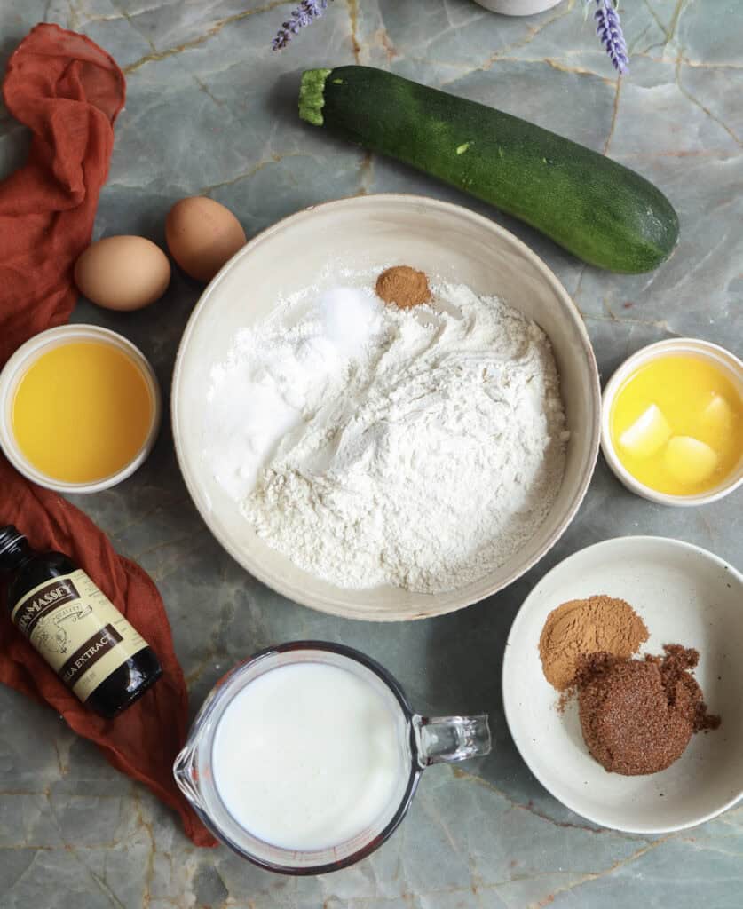 The ingredients needed to make the cinnamon roll zucchini pancakes. 