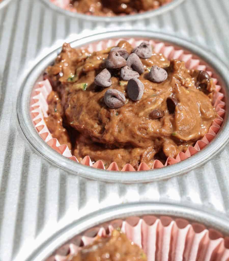 Double Chocolate zucchini muffin batter in muffin tin. 