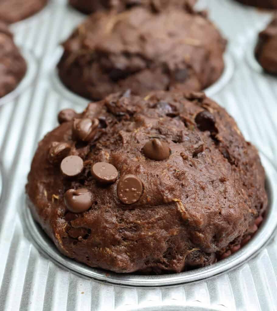 Double chocolate zucchini muffins with tall domes in muffin tin right out of the oven. 