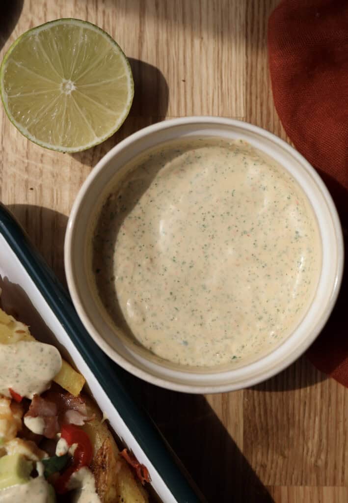 Up close of the jalapeno aioli in a bowl.