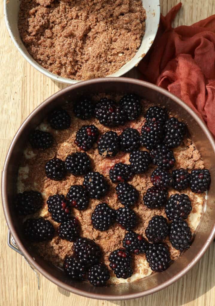 Blackberry coffee cake batter in pan with fresh blackberries.