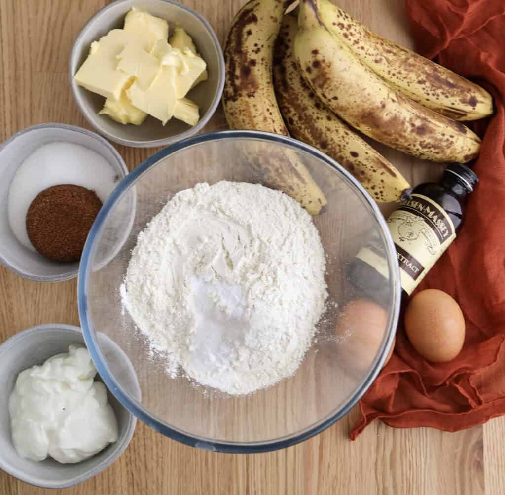 Ingredients for banana bread with brown butter.