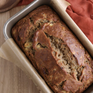 Brown Butter Banana Bread in a loaf pan.