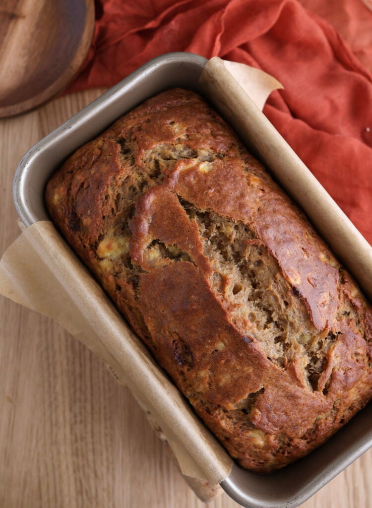 Brown Butter Banana Bread in a loaf pan.