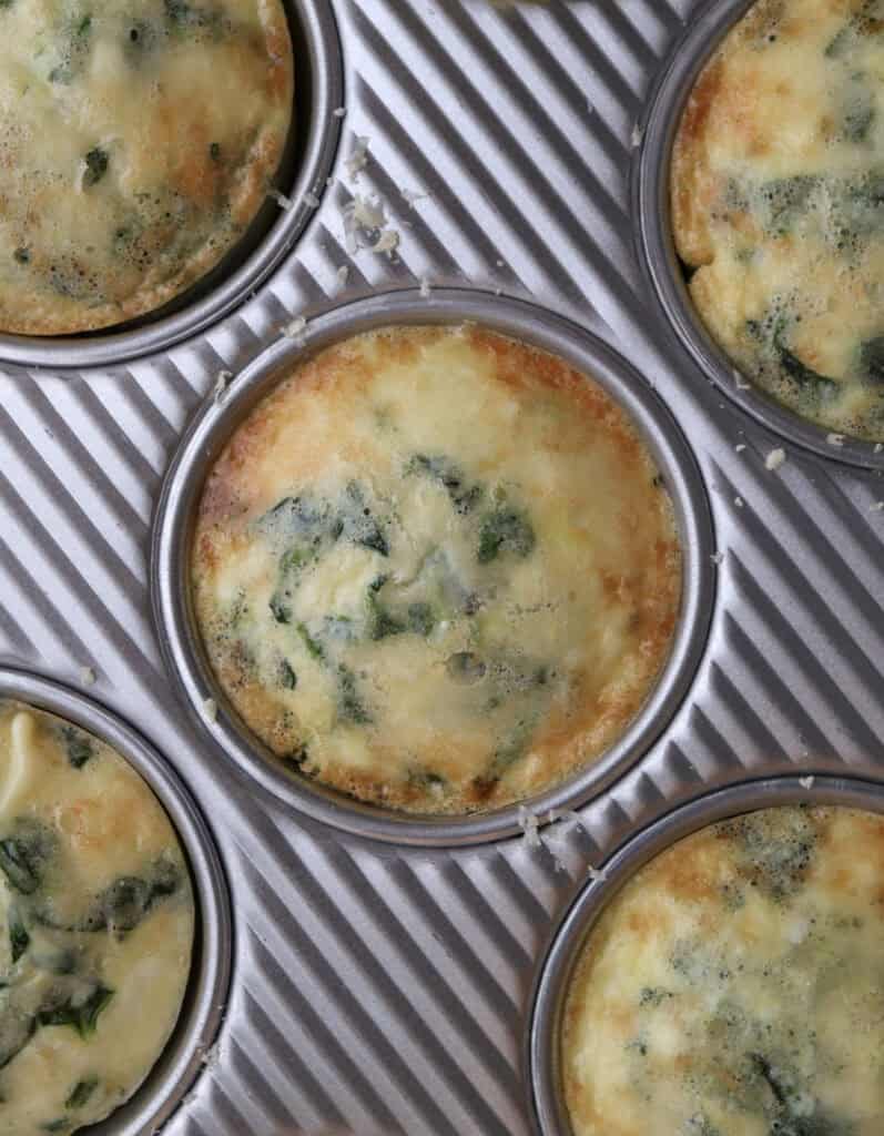 Cooked cottage cheese egg bite up close in the muffin tin.