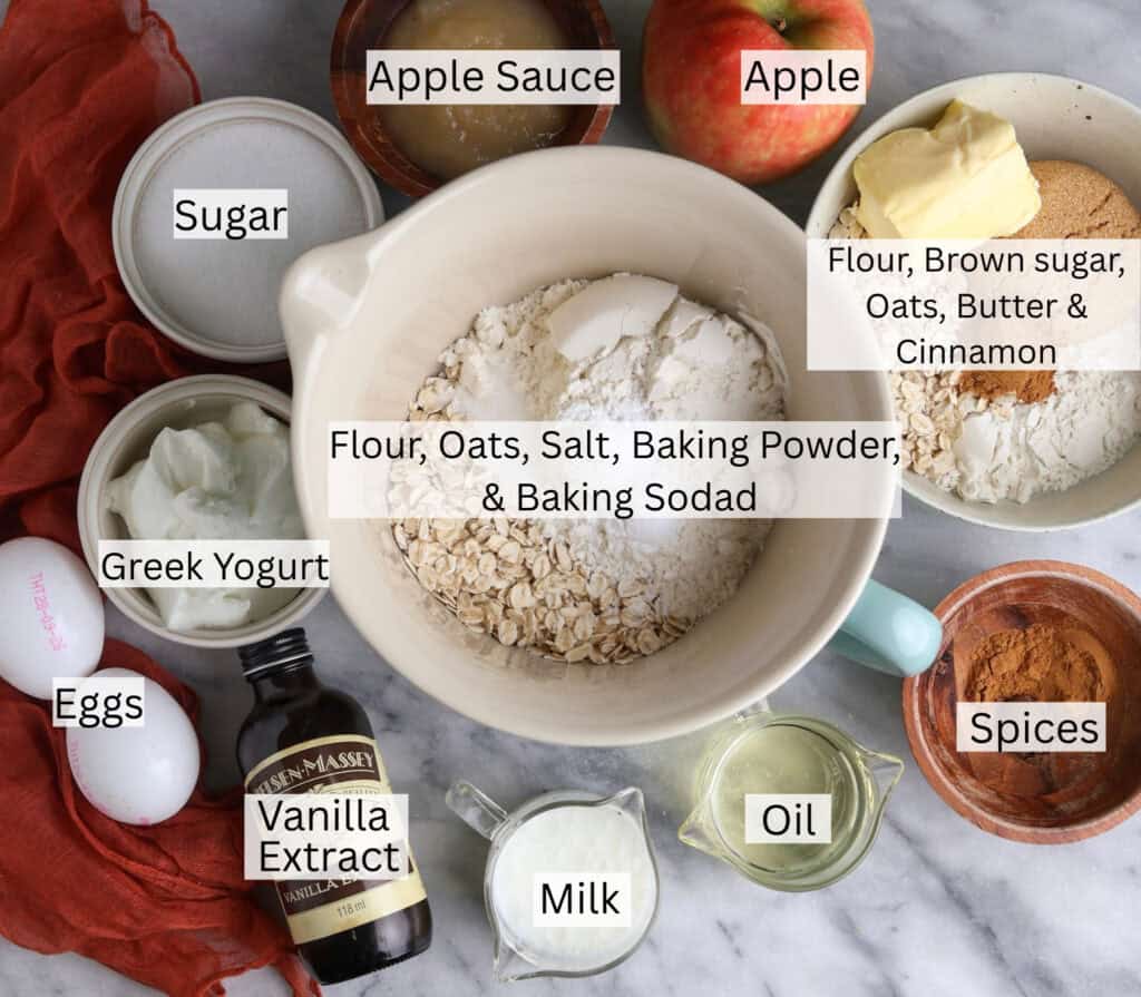 All the ingredients needed to make the apple oat muffins.