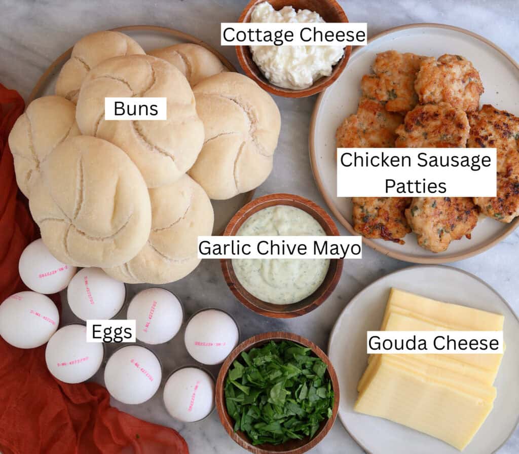 All the ingredients needed to make the make ahead breakfast sandwiches.