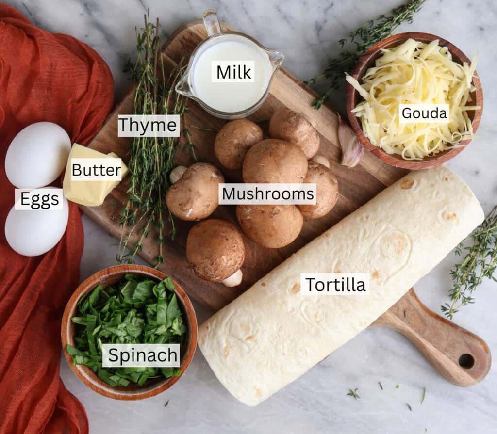 Ingredients for the Mushroom and Gouda Egg Wraps.