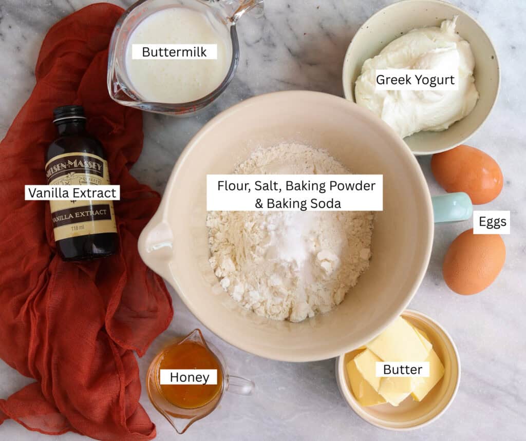 All the ingredients needed to make the Greek Yogurt and Brown Butter Pancakes.
