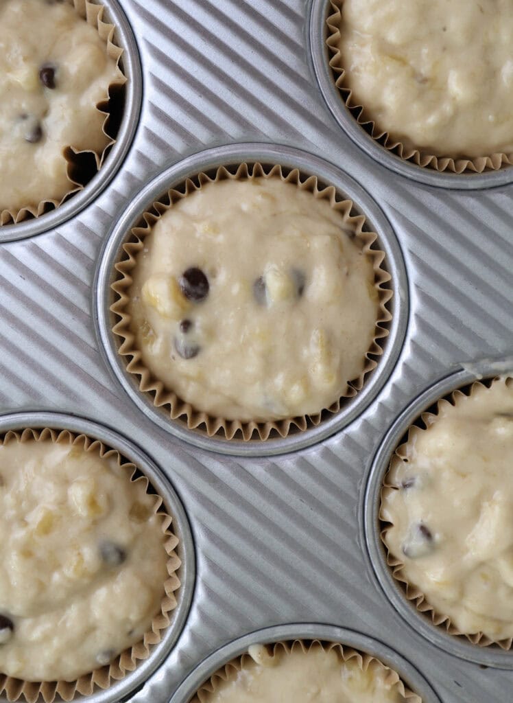 Banana muffin with chocolate chips batter in a muffin tin. 