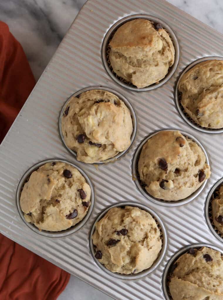 Banana Chocolate Chip Muffins in muffin tin right from the oven. 