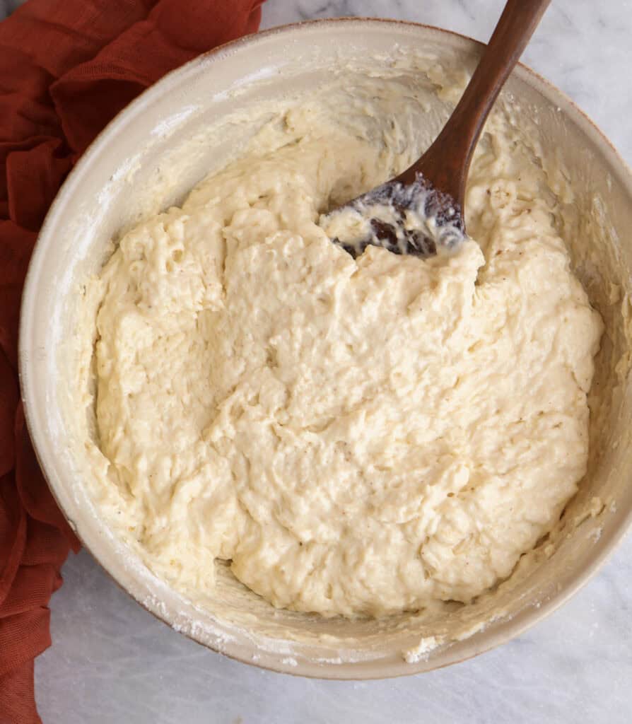The Greek yogurt pancake batter in a a bowl.