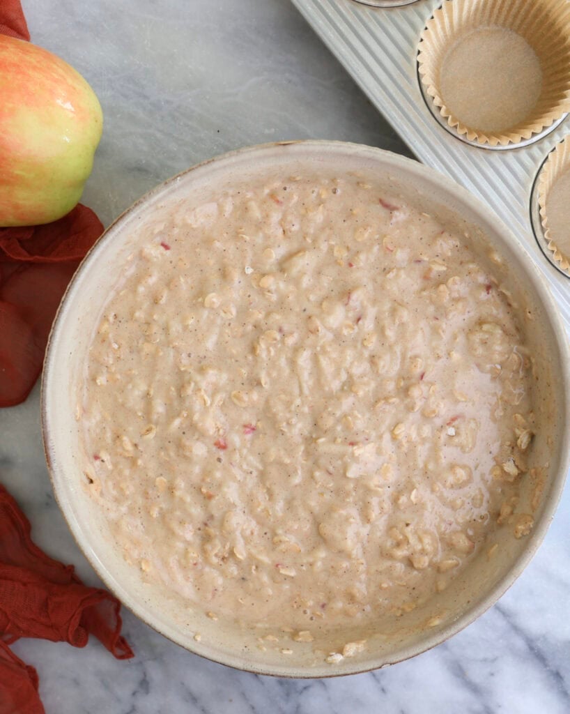 The apple oat muffin batter in a mixing bowl.