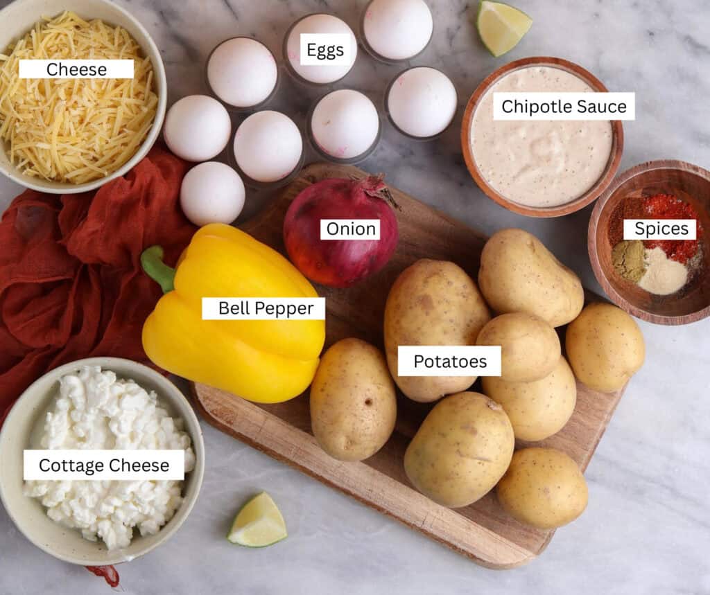 The ingredients needed to make the breakfast potato bowls.