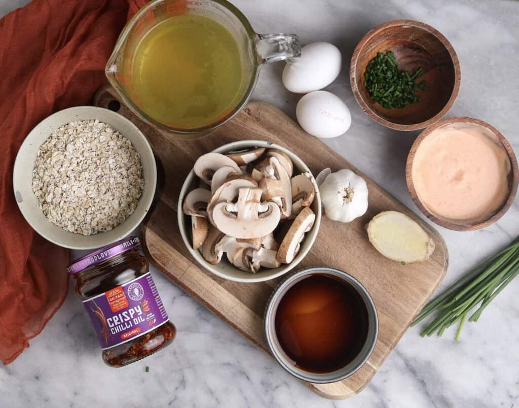 The ingredients for the savory oatmeal bowls.